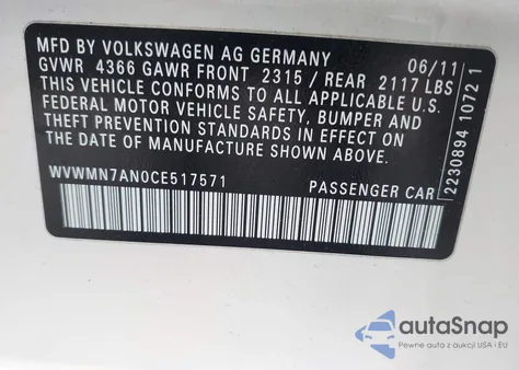2012 Volkswagen Cc Sport from USA, damaged, VIN WVWMN7AN0CE517571